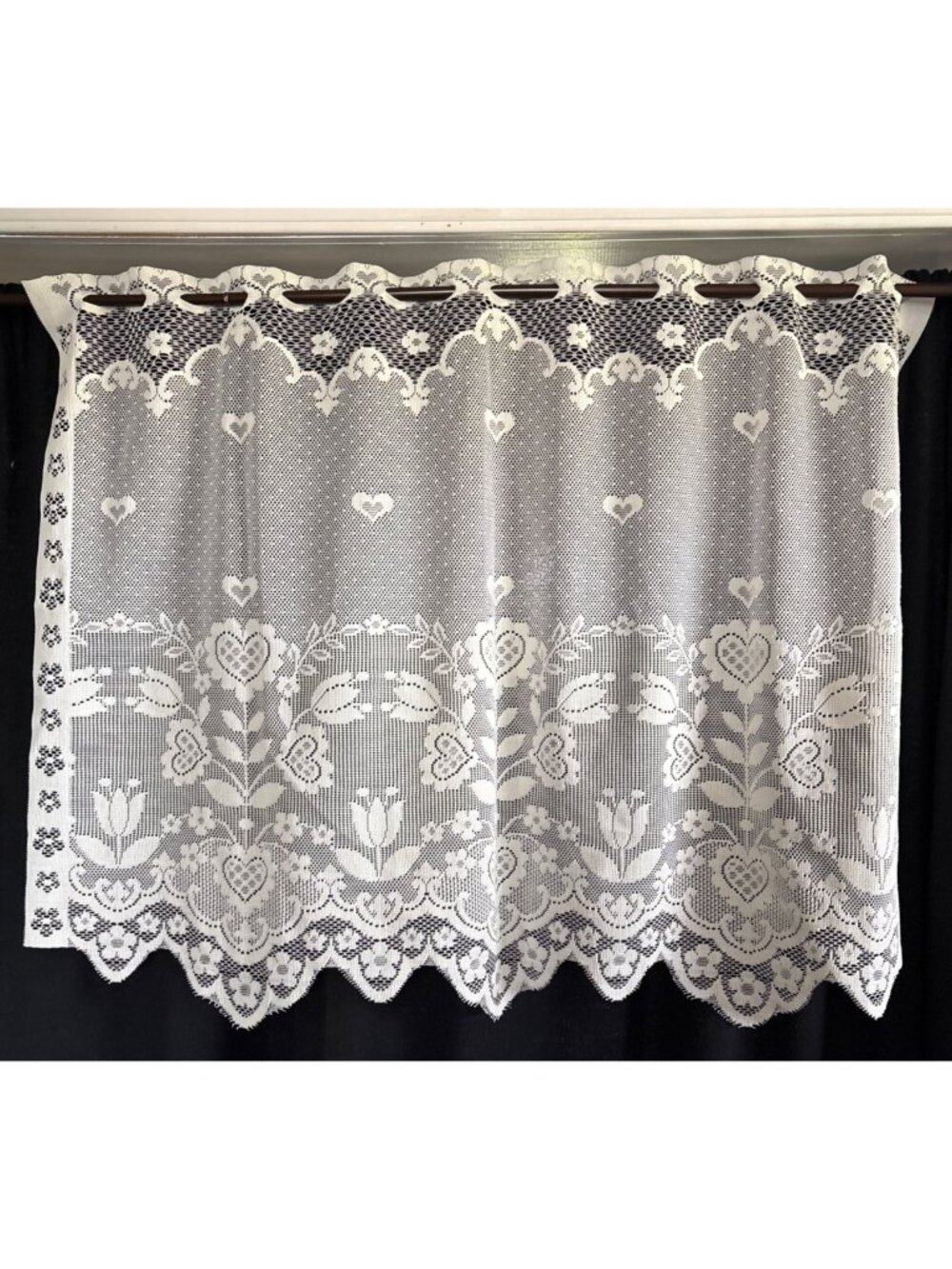 Cream Lace Curtain Panel Heart Floral Design 35”W x 26”L Rod Pocket